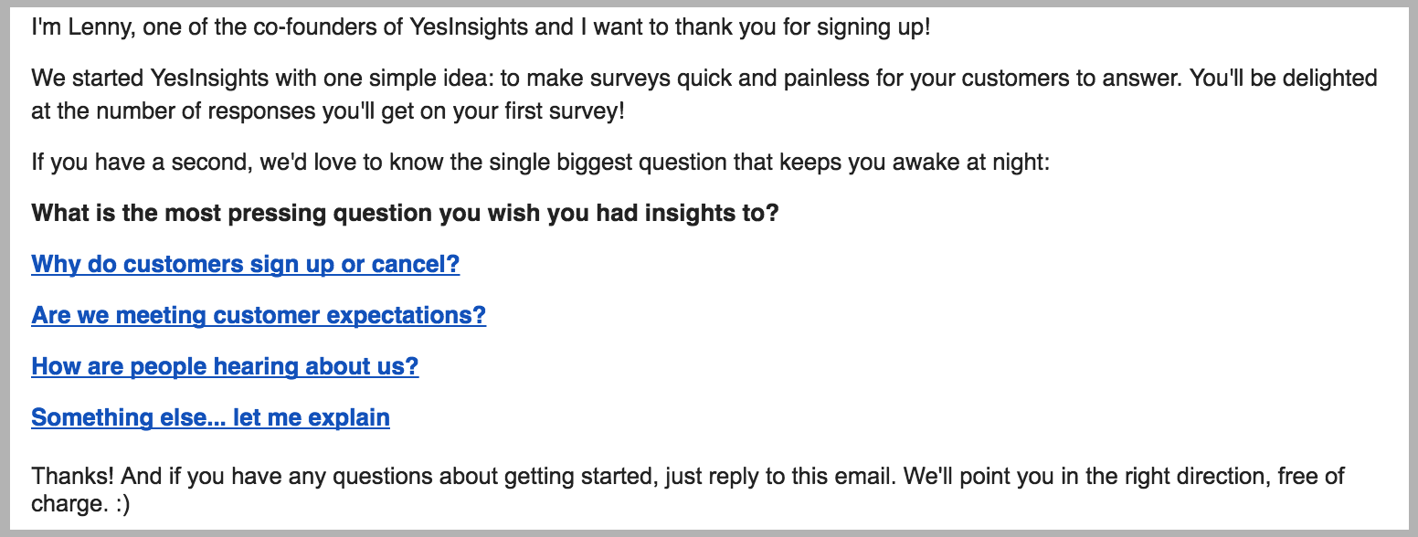 image of yesinsights welcome email to make a killer first impression because it's one of the best retention practices
